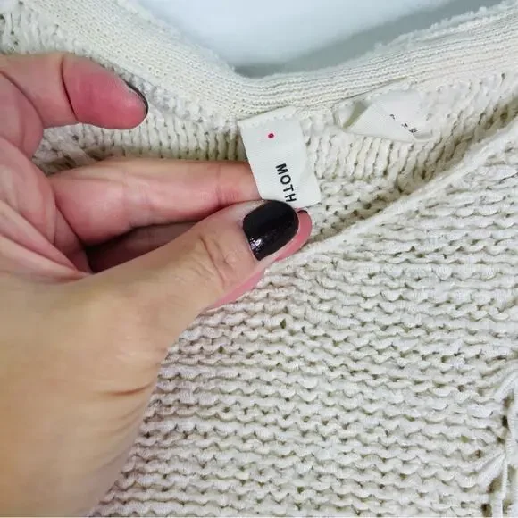 Moth cream pink crochet boho coastal hoodie fringe oversized sweater small/XS - Picture 6 of 9